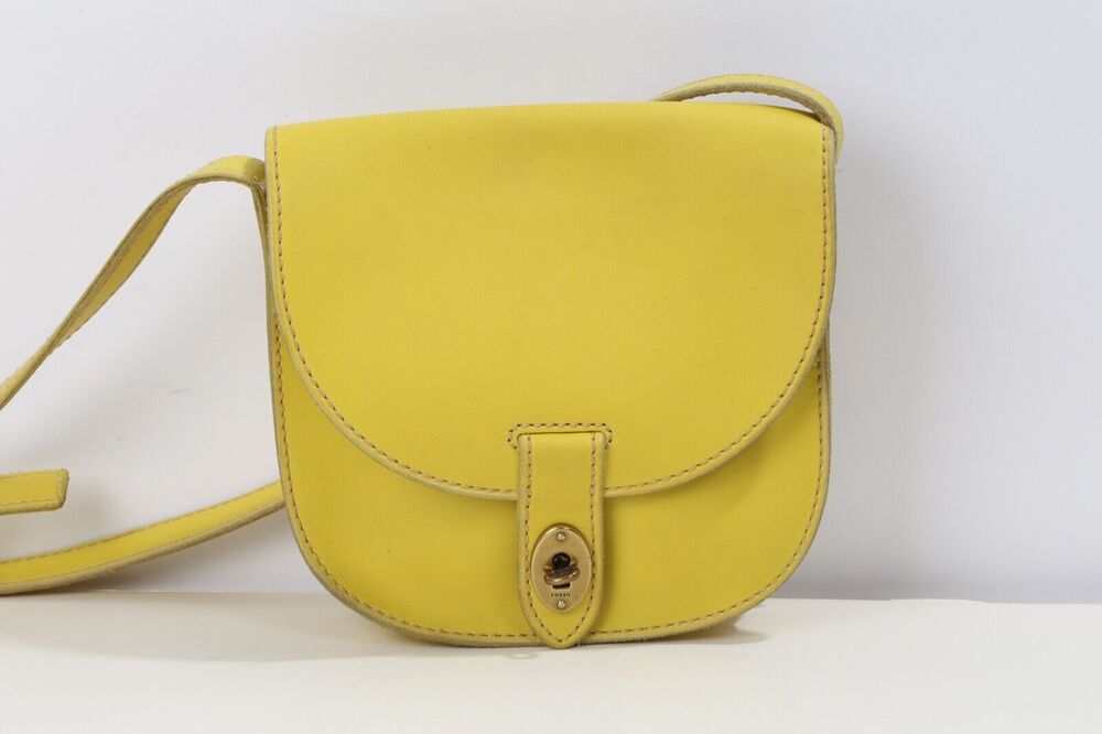 Fossil Austin Citrus Yellow Saffiano Leather Cowhide Flap Crossbody Shoulder Bag